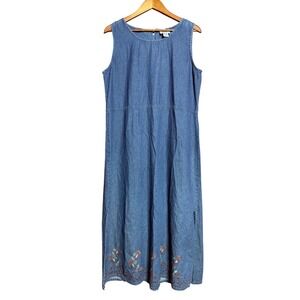 VTG Sarin New York Women XL Blue Denim Maxi Dress Floral Embroidery Hem Slits